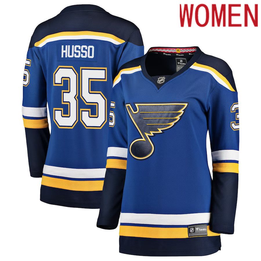 Women St. Louis Blues 35 Ville Husso Fanatics Branded Blue Breakaway Player NHL Jersey